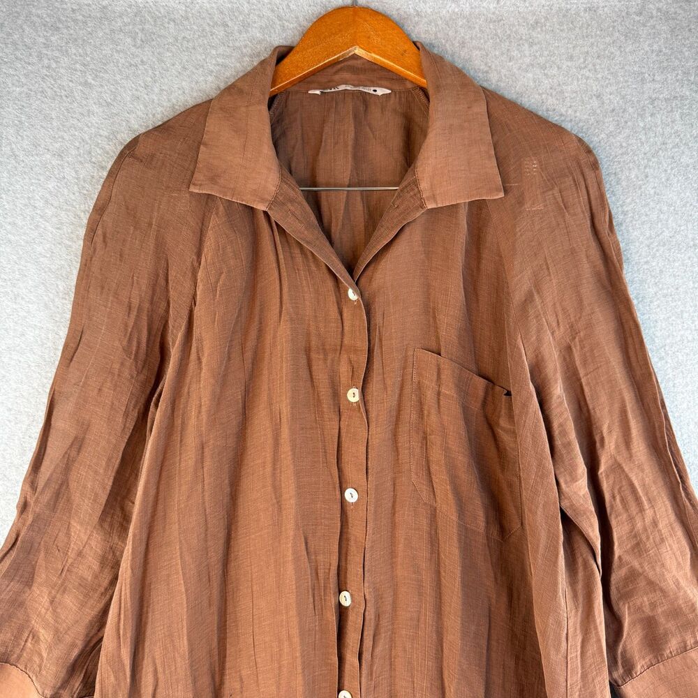 Zara Linen Shirt Midi Dress Relaxed Legalook Earthy Natural Minimalist Brown L - Picture 4 of 6